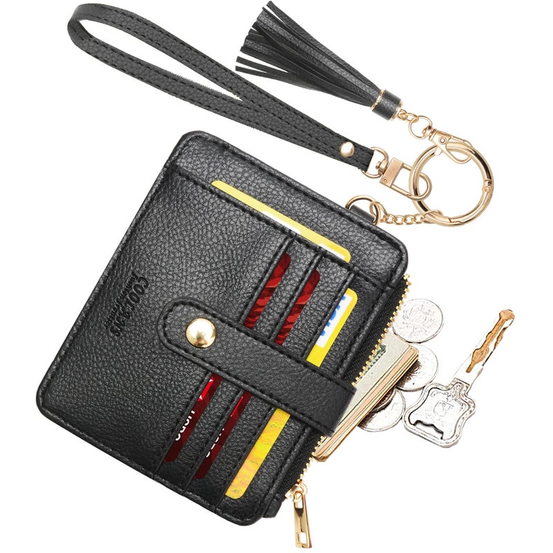 COOLANS Wristlet Bracelet Keychain Card Holder Card Pocket PU Leather Purse Tassel Keychain Bangle Key Ring for Women Girls (Card & Id Holder Purse 09 Litchi Pattern Black) - Image 1